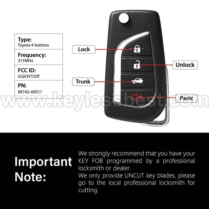 2015–2017 Toyota Sienna Tundra Tacoma / 4 Buttons Keyless Entry Remote / GQ43VT20T / PN: 89742-AE011 / H - Image 3