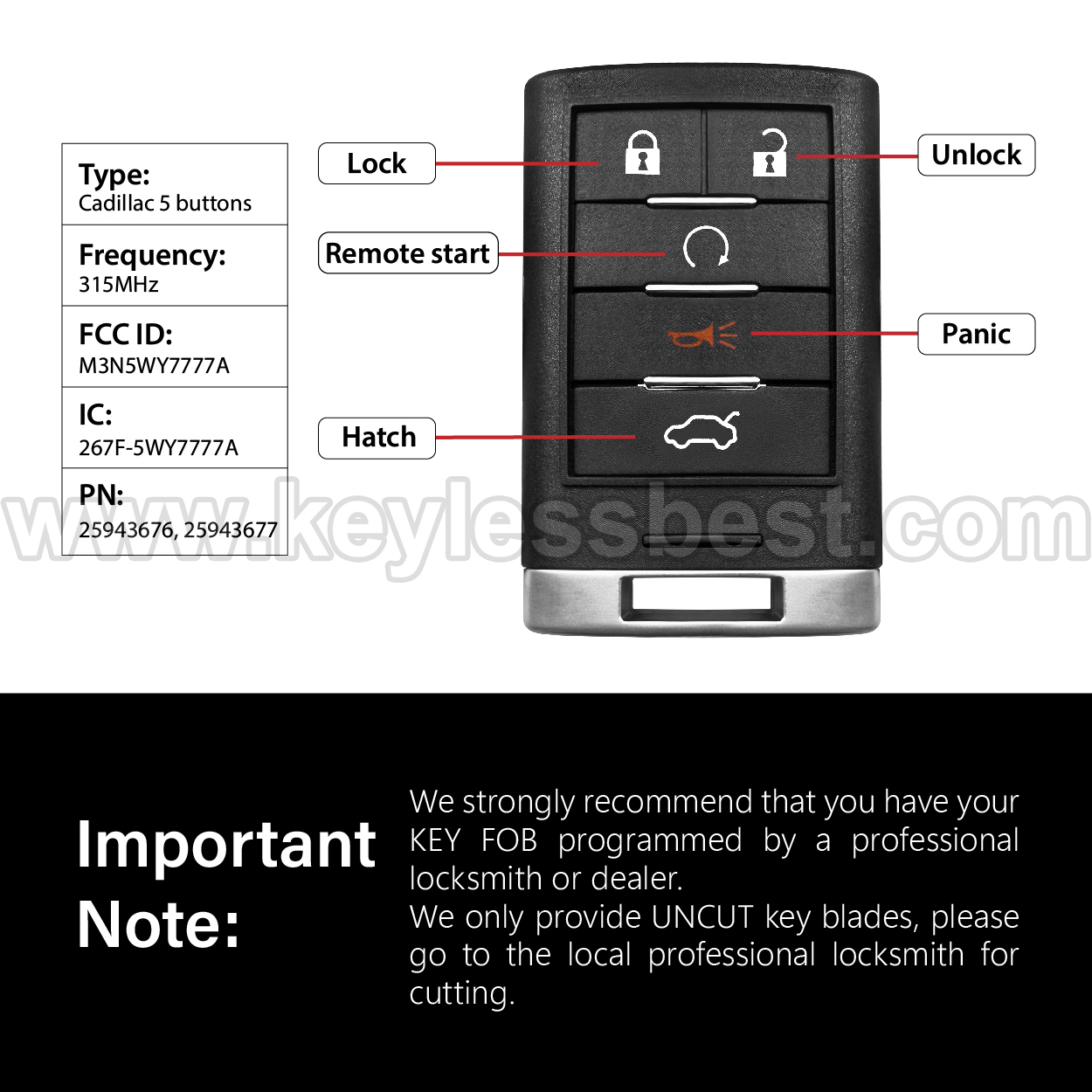 2008-2015 Cadillac STS CTS / 5 Buttons Keyless Entry Remote / M3N5WY7777A / PN: 25943676, 25943677 / 46