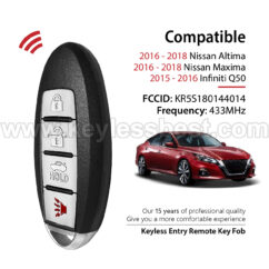 2015-2018 Nissan Infiniti Altima Maxima Q50 / 4 Buttons Keyless Entry Remote / KR5S180144014 / PN: 285E3-9HS4A / 4A