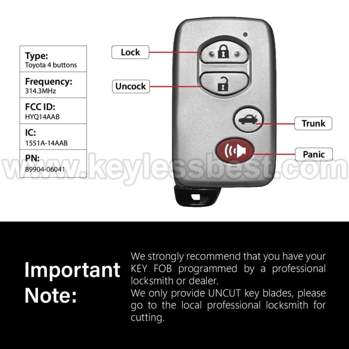 2007-2010 Toyota Avalon Limited Camry Camry Hybrid / 4 Buttons Keyless Entry Remote / HYQ14AAB / PN: 89904-06041