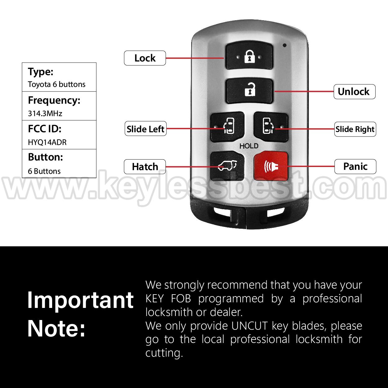 2011-2019 Toyota Sienna / 6 Buttons Keyless Entry Remote / HYQ14ADR