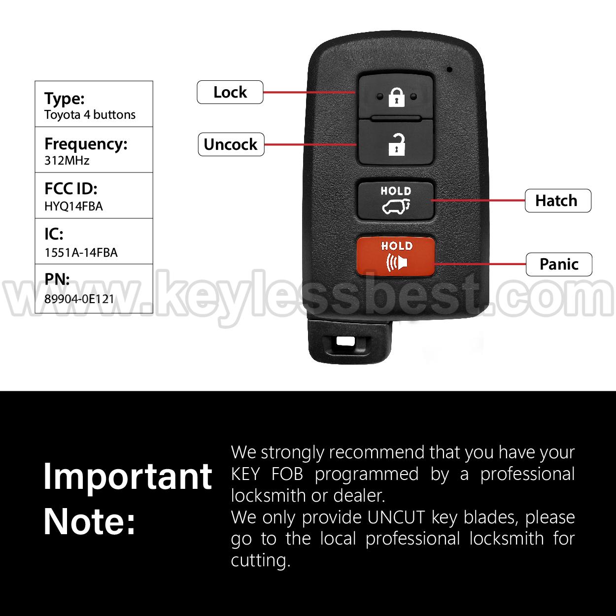 2014-2021 Toyota Highlander Sequoia / 4 Buttons Keyless Entry Remote / HYQ14FBA / PN: 89904-0E121 899040E121