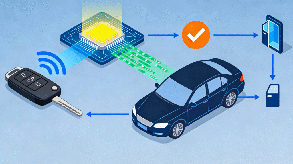 Em sua essência, um sistema remoto sem chave (frequentemente chamado de Entrada Remota Sem Chave ou RKE) é a tecnologia que concede acesso ao seu veículo sem nunca inserir uma chave de metal física na fechadura da porta. 